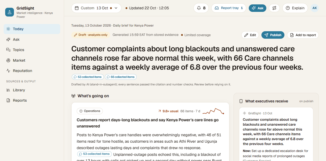 GridSight daily brief with evidence snippets
