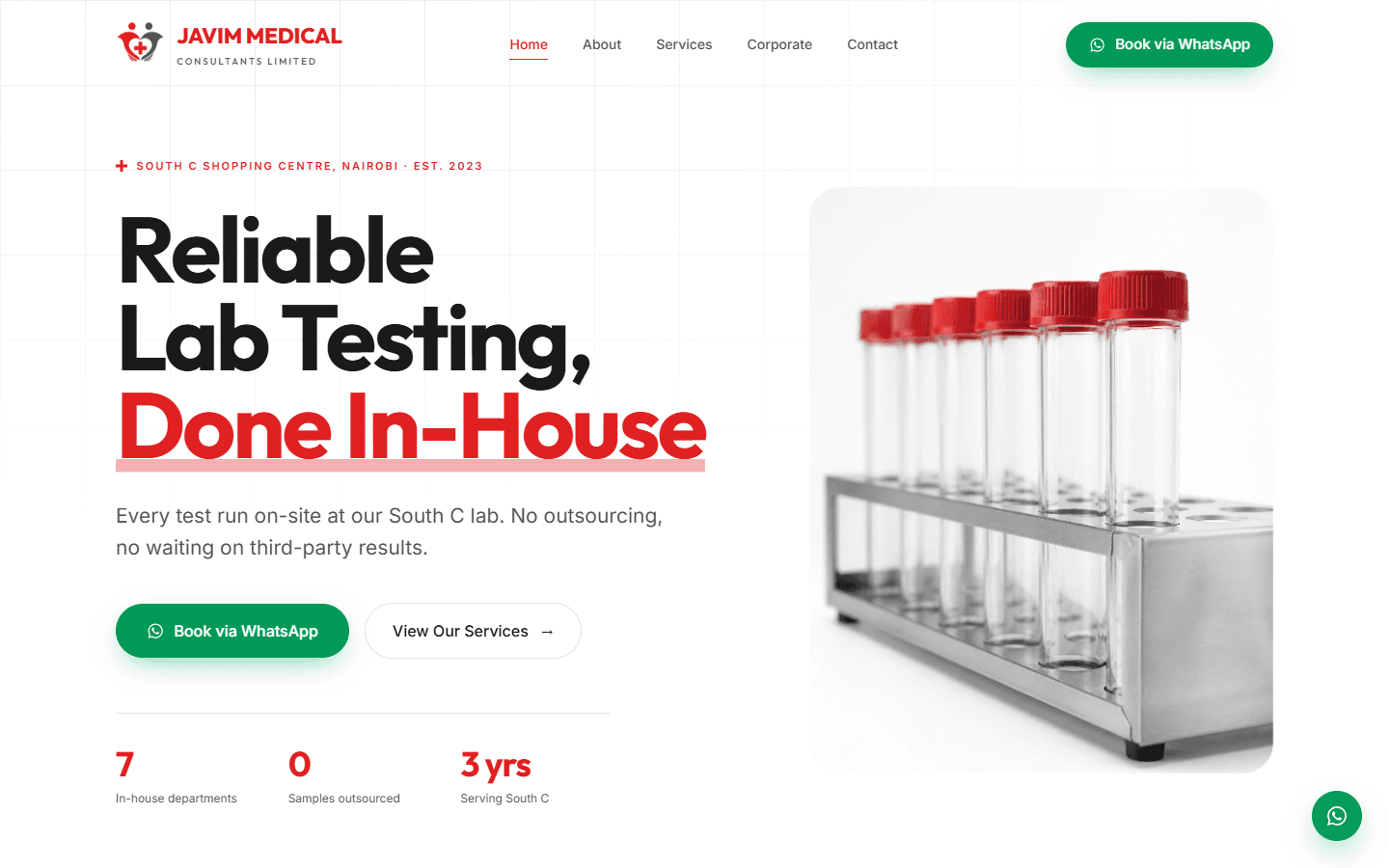 Javim Medical live homepage with in-house lab testing message